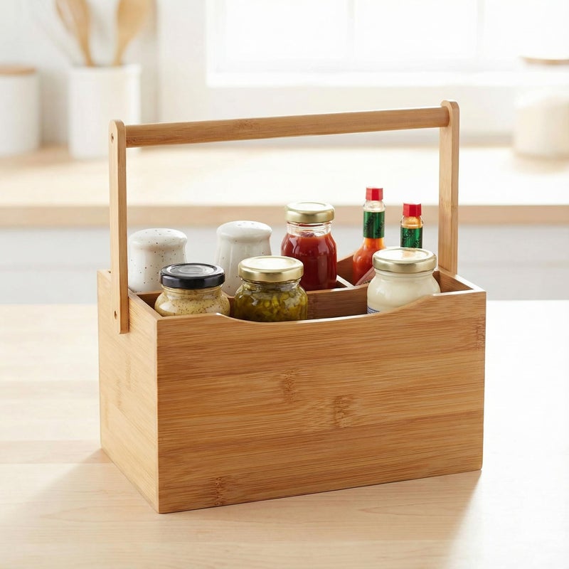 Cortesi Home Kira Natural Bamboo Cutlery Caddy Tabletop Holder with Handle and 4 Compartments - Image 5